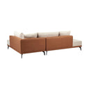 three-quarters rear view of a beige fabric sofa with brown leather and black metal legs on a white background