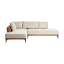 Front view of a Grey Sectional Sofa with back and base covered leather with a black metal legs on a white background.