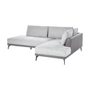 Three-quarters view of a left gray sectional sofa with black metal legs on a white background.