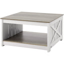 Three-quarters of a white and gray coffee table with a shelf on a white background.