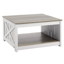 Three-quarters of a white and gray coffee table with a shelf on a white background.