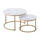 Set of two marble-patterned coffee tables with gold metal frames on a white background
