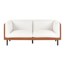 Front view of a Vorgod contemporary loveseat featuring plush off-white fabric cushions, a slim frame upholstered in tan or brown leather, and minimalist black metal legs.