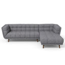 Adele 103-inch ash grey fabric right-facing sectional sofa with grid-tufted upholstery and tapered dark wooden legs on a white background.