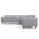 Allegra 105-inch light grey fabric corner sectional sofa with tapered dark wooden legs and a cylindrical bolster pillow against a white background.