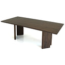 Almaza 87-inch dark walnut rectangular dining table featuring a smooth beveled top supported by sculptural slab panel legs, set against a white background.
