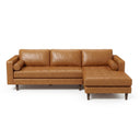 Anita 102-inch tan genuine top-grain leather right-facing sectional sofa featuring tufted seat cushions, cylindrical bolster pillows, and tapered wooden legs against a plain white background.