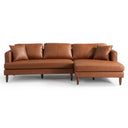 Bayley 107-inch cognac brown vegan eco-leather right-facing sectional sofa with chaise, plush cushions, matching accent pillows, and tapered wooden legs isolated on a white background.