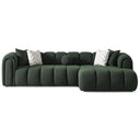  Bella 114-inch dark green French bouclé right-facing sectional sofa with vertical channel tufting, rounded armrests, and accent pillows on a white background.