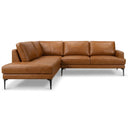 Betsy 108-inch cognac brown vegan eco-leather left-facing sectional sofa with slim black metal legs on a white background.