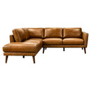 Bianca 97-inch tan genuine top-grain leather left-facing sectional sofa with mid-century modern tapered wood legs and left-side chaise extension against a plain white background.