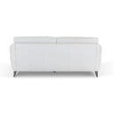 A rear view of the Bianca contemporary sofa, showcasing the vertical seam detailing on its white leather back panel and its four dark tapered legs against a white background.