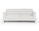 A front view of the Bianca contemporary sofa, featuring white leather upholstery, plush horizontal channel-tufted back cushions, and slender tapered legs on a white background.