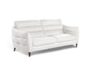 A three-quarter view of the Bianca contemporary sofa, featuring white leather upholstery and horizontal channel-tufting on the back and arms, with dark tapered legs against a white background.
