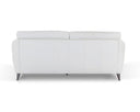 A rear view of the Bianca contemporary sofa, showcasing the vertical seam detailing on its white leather back panel and its four dark tapered legs against a white background.
