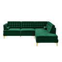 Bonna 101 green velvet left-facing sectional sofa featuring grid button-tufted backrest cushions, bolster pillows, and tapered gold metal legs isolated on a plain white background.