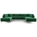 Bonna 132-inch green velvet U-shaped sectional sofa featuring double chaises, button-tufted backrest, matching throw pillows, and gold metal legs isolated on a white background.
