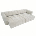 Burntwood 114-inch light brown chenille power slider sofa with channel-tufted backrest and extended sliding seat cushion on a white background