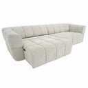 Burntwood 114-inch light brown chenille power slider sofa featuring vertical channel tufting and one motorized seat extended forward on a white background