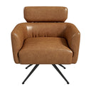 Front view of a modern Camila swivel armchair upholstered in tan genuine leather, featuring a deep cushioned seat, curved armrests, an attached horizontal headrest, and a black four-leg splayed swivel base against a white background.