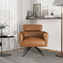 Modern Camila tan genuine leather swivel armchair featuring curved armrests, an attached upper back cushion, and splayed black metal legs, set on a textured grey area rug in a contemporary room beside a small black side table and a floor lamp.