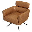 Modern Camila tan genuine leather swivel armchair isolated on a white background, featuring warm caramel-brown upholstery, a deep cushioned seat, integrated curved armrests, a plush upper backrest pillow, and slender black metal splayed swivel legs.