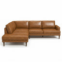 Carla 109-inch tan genuine leather left-facing L-shaped sectional sofa with plush cushions and tapered dark wood legs, isolated on a white background.