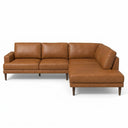Carla 109-inch tan genuine leather right-facing sectional sofa featuring a right-side chaise lounge, plush back cushions, single track arm, and tapered dark wood legs against a clean white background.