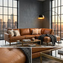 Carla 109-inch tan genuine leather right-facing sectional sofa styled with cream pillows and grey throw blanket in a modern apartment with city sunset view, including detail insets of leather texture and brass coffee table.