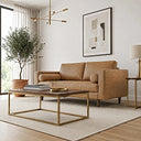 Tan genuine leather loveseat with bolster pillows and square arms in a bright modern living room, styled with a wood-and-brass coffee table, cream area rug, potted olive tree, and framed geometric wall art.
