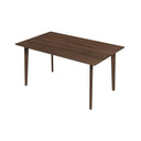 Carma 47-inch rectangular walnut dining table with slim tapered legs and a smooth dark wood grain top, isolated on a white background.
