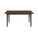 Rectangular dark walnut dining table with visible wood grain and four tapered legs, isolated on a white background.
