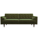 Casey mid-century modern olive-green velvet upholstered sofa featuring a button-tufted back, matching cylindrical bolster pillows, and tapered dark wood legs on a white background.