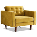 Casey mid-century modern armchair in gold velvet upholstery with button-tufted back and tapered dark wood legs.