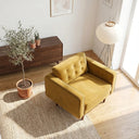 High-angle view of the Casey gold velvet armchair with a button-tufted back cushion and tapered wood legs, styled on a woven rug in a sunlit living room.