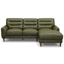 Chiara 97-inch olive green genuine leather sectional sofa with right-facing chaise, horizontal channel-tufted backrest cushions, and tapered wooden legs on a white background.