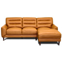 Chiara 97-inch tan genuine leather sectional sofa with a right-facing chaise, horizontal channel-tufted back cushions, and tapered dark wooden legs on a white background.