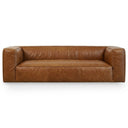 Modern Chloe 92-inch tan genuine leather sofa with a low-profile design, deep seating, and block armrests on a white background.