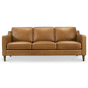 Cooper mid-century modern tan leather three-seater sofa with track arms and tapered wooden legs, isolated on a white background.