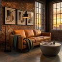 Cooper mid-century modern tan leather sofa with a green throw blanket in an industrial loft living room featuring exposed brick walls, a round concrete coffee table, an arched floor lamp, and large windows with a sunset city view.