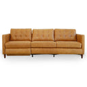 Cora 94" tan leather electric reclining left-facing sofa featuring three seats with button-tufted back cushions, top-grain leather upholstery, and tapered wooden legs on a clean white background.