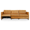 Cora 94" tan leather electric reclining left-facing sofa featuring three seats with button-tufted back cushions, top-grain leather upholstery, and tapered wooden legs on a clean white background.