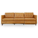 Front view of a 94-inch tan leather three-seater reclining sofa against a solid white background. The mid-century modern style sofa features button-tufted back cushions, tailored track arms, plush seat cushions, and tapered dark wood legs with an electric reclining mechanism on the right side.