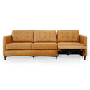 Front view of the Cora 94-inch tan leather electric reclining sofa on a white background, featuring three button-tufted back cushions, tapered wooden legs, and the right-hand seat footrest extended in a reclined position.