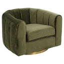 Contemporary barrel swivel chair upholstered in olive green velvet, featuring vertical channel tufting along the curved back and sides, a thick cushioned seat, and a low-profile circular brushed brass swivel base against a plain white background.
