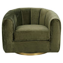 Olive green velvet swivel barrel armchair featuring vertical channel tufting along the curved backrest, wide rounded armrests, a thick cushioned seat, and a circular brushed brass swivel base against a white background.