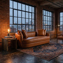 Dina 85-inch modern cognac leather sofa in an industrial loft living room with exposed brick walls, large black-framed windows, and a vintage patterned area rug.