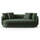 Dina 85 modern olive green boucle sofa featuring a curved silhouette, textured upholstery, and matching throw pillows on a white background.