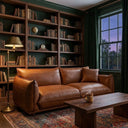 Elena 89-inch mid-century modern cognac genuine leather sofa with a matching leather pillow, placed on a patterned rug in a cozy room with built-in wooden bookshelves, a lit brass floor lamp, a wooden coffee table, and a window with green drapes.