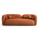 Elissa 93 Japandi burnt orange boucle sofa with a curved backrest, round sphere cushions, and bolster pillows on a white background.